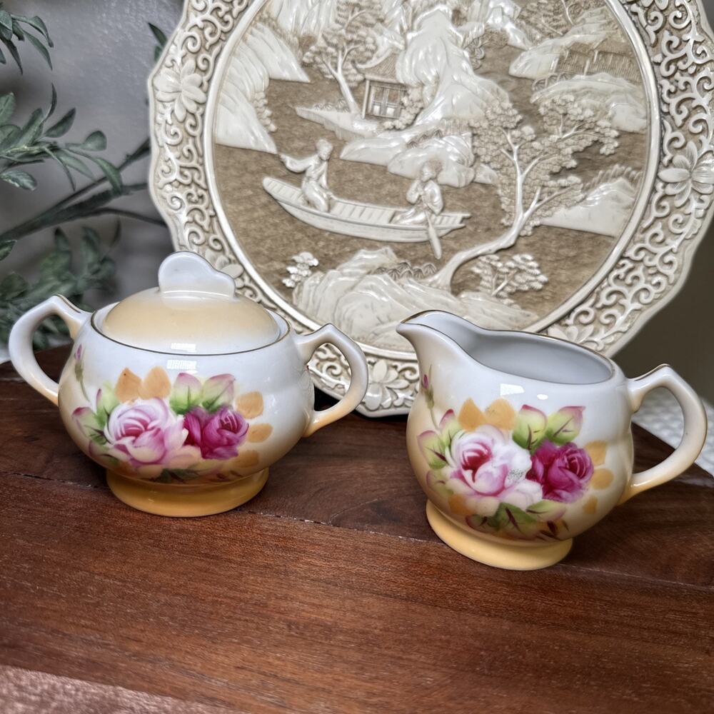 Hand Painted Porcelain Creamer Sugar Bowl Pink Roses Gold Trim Set Vintage